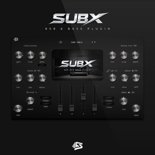 SUBX 808 & Bass Plugin interface with various controls on a black background