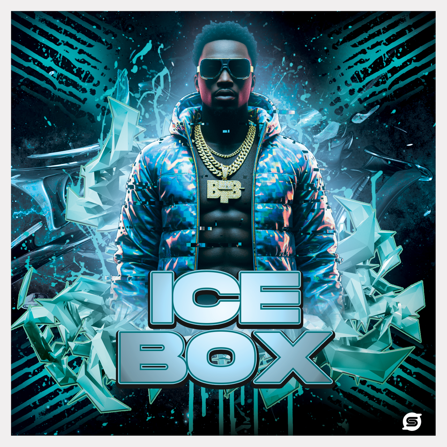 Album cover with a person wearing sunglasses and a jacket, surrounded by ice-themed graphics and the text 'ICE BOX'.