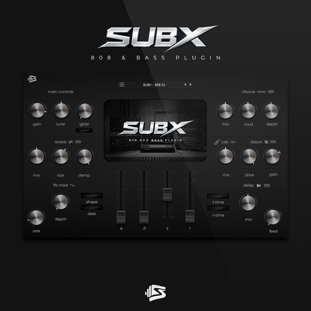 SUBX 808 & Bass Plugin interface with various controls on a black background