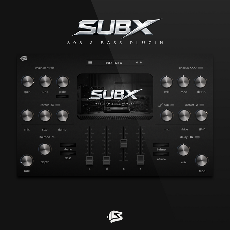 SUBX 808 & Bass Plugin interface with various controls on a black background